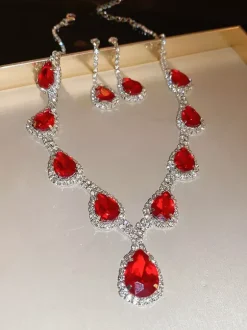 Red Vintage Victorian Rhinestone Jeweled Necklace Earrings Retro Sets