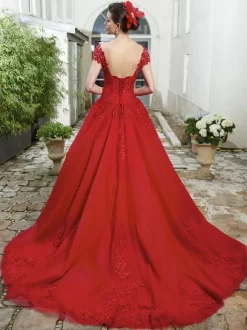 Red Wedding Dresses Tulle Bridal Gown Applique Evening Party Dresses Free Customization