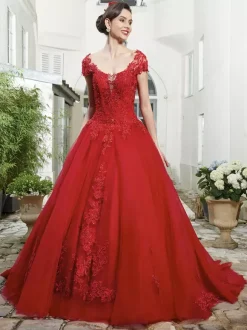 Red Wedding Dresses Tulle Bridal Gown Applique Evening Party Dresses Free Customization
