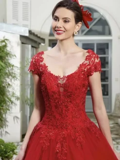 Red Wedding Dresses Tulle Bridal Gown Applique Evening Party Dresses Free Customization