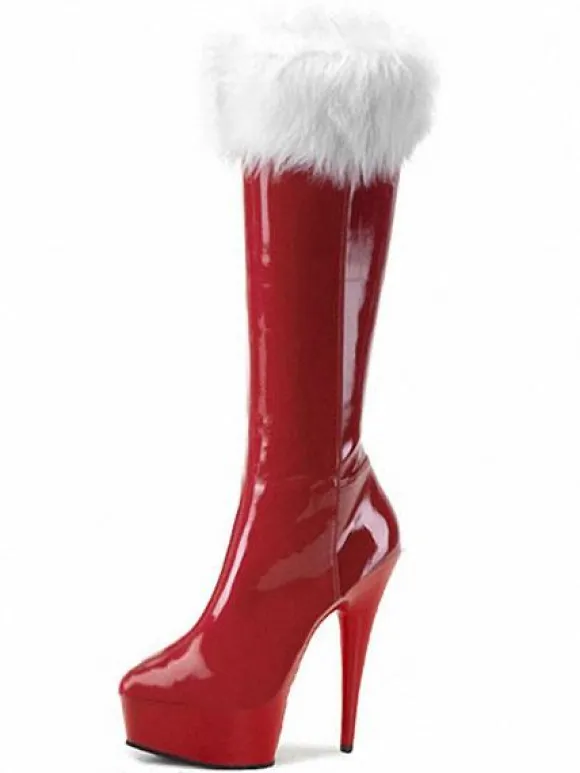 Red Xmas Sexy Platform Boots Women Fur Trim High Heel Boots Winter Shoes