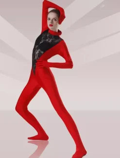 Red And Black Lycra Lace Zentai Catsuit