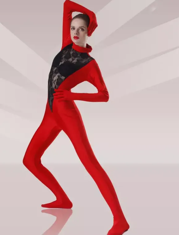 Red And Black Lycra Lace Zentai Catsuit