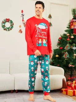 Red And Teal Family Pajamas With Merry Christmas Print 2026