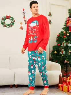 Red And Teal Family Pajamas With Merry Christmas Print 2026