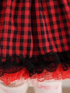 Red Black Gingham Lolita Skirt Salopette Lace Lining