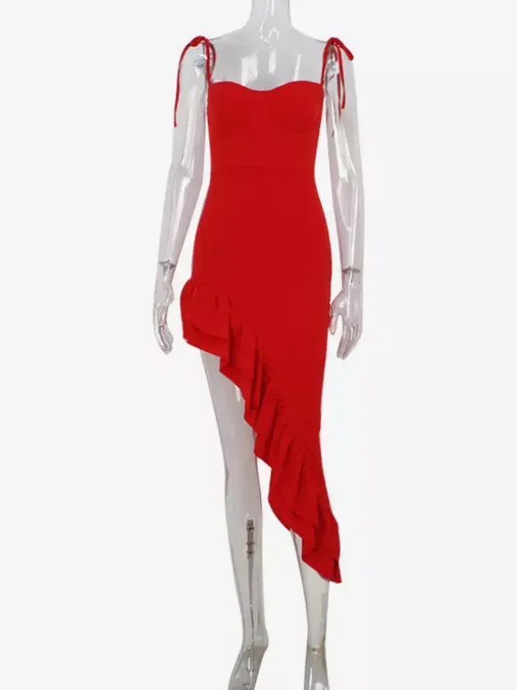 Red Bodycon Ruffle Slip Dress For Women - Slim Fit High Slit Asymmetrical Long Cami - Summer Night Out Party 2026