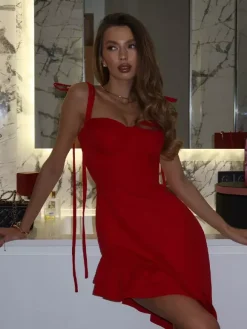 Red Bodycon Ruffle Slip Dress For Women - Slim Fit High Slit Asymmetrical Long Cami - Summer Night Out Party 2026