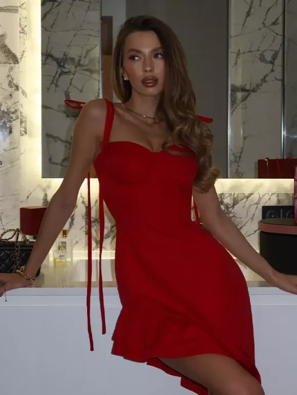 Red Bodycon Ruffle Slip Dress For Women - Slim Fit High Slit Asymmetrical Long Cami - Summer Night Out Party 2026