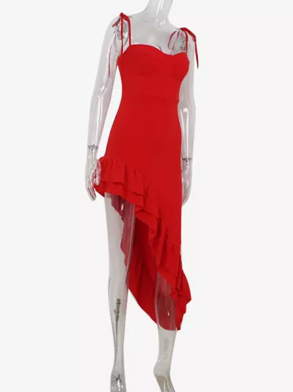 Red Bodycon Ruffle Slip Dress For Women - Slim Fit High Slit Asymmetrical Long Cami - Summer Night Out Party 2026