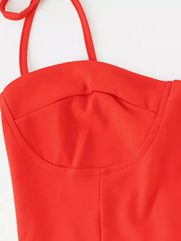 Red Bodycon Ruffle Slip Dress For Women - Slim Fit High Slit Asymmetrical Long Cami - Summer Night Out Party 2026