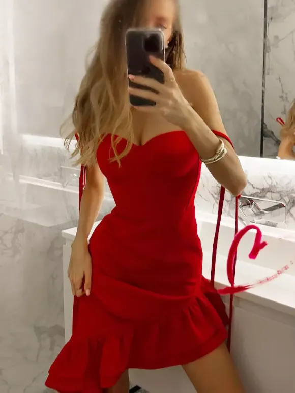 Red Bodycon Ruffle Slip Dress For Women - Slim Fit High Slit Asymmetrical Long Cami - Summer Night Out Party 2026