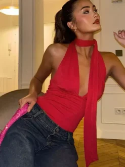 Red Cami Top Halter Lace Up Backless Sleeveless Sexy Women Camis