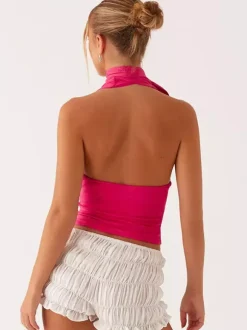 Red Cami Top Halter Lace Up Backless Sleeveless Sexy Women Camis