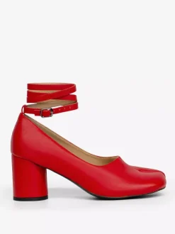 Red Chunky Heel Pumps Toe Split Ankle Strap Vintage Pumps For Women