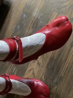 Red Chunky Heel Pumps Toe Split Ankle Strap Vintage Pumps For Women