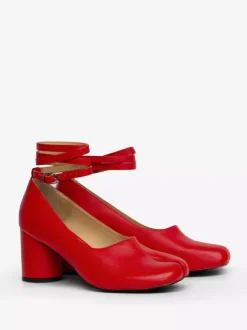 Red Chunky Heel Pumps Toe Split Ankle Strap Vintage Pumps For Women