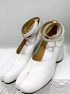 Red Chunky Heel Pumps Toe Split Ankle Strap Vintage Pumps For Women