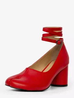 Red Chunky Heel Pumps Toe Split Ankle Strap Vintage Pumps For Women