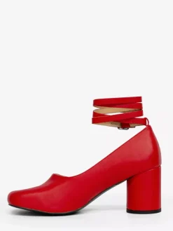 Red Chunky Heel Pumps Toe Split Ankle Strap Vintage Pumps For Women