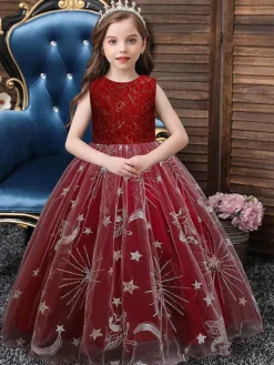 Red Flower Girl Dresses Jewel Neck Sleeveless Ankle-Length A-Line Embroidered Kids Party Dresses