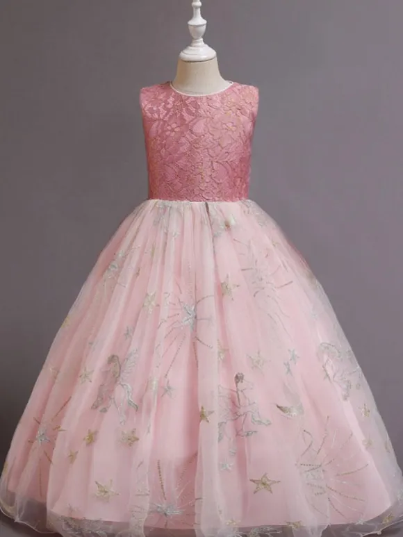 Red Flower Girl Dresses Jewel Neck Sleeveless Ankle-Length A-Line Embroidered Kids Party Dresses