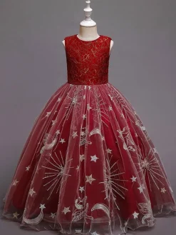 Red Flower Girl Dresses Jewel Neck Sleeveless Ankle-Length A-Line Embroidered Kids Party Dresses