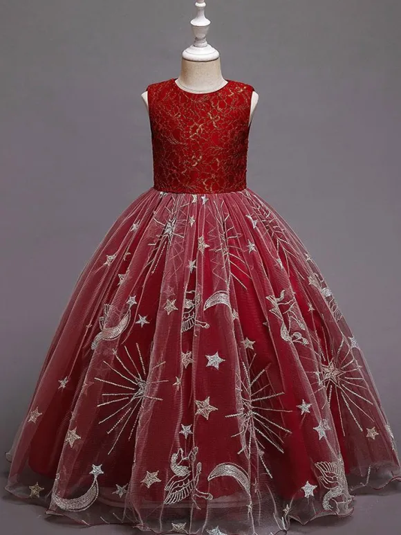 Red Flower Girl Dresses Jewel Neck Sleeveless Ankle-Length A-Line Embroidered Kids Party Dresses