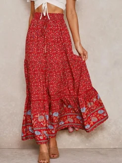 Red Full Skirt Printed High Waist Lace Up Boho Casual Summer Long Dresses