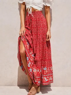 Red Full Skirt Printed High Waist Lace Up Boho Casual Summer Long Dresses