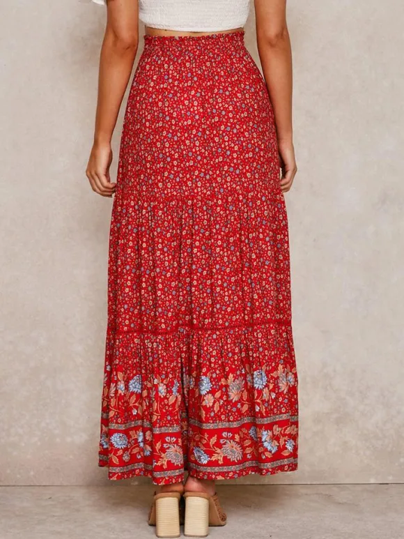 Red Full Skirt Printed High Waist Lace Up Boho Casual Summer Long Dresses