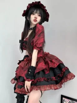 Red Gothic Lolita Dresses Strapless Lace Up Ruffles Lolita Dress Set