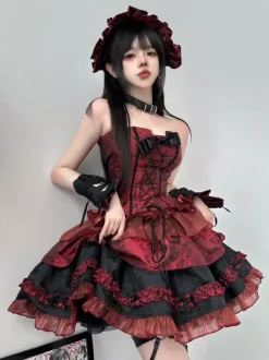 Red Gothic Lolita Dresses Strapless Lace Up Ruffles Lolita Dress Set