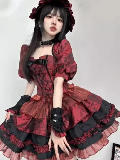 Red Gothic Lolita Dresses Strapless Lace Up Ruffles Lolita Dress Set