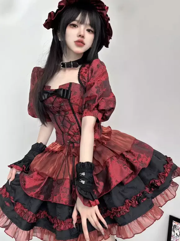 Red Gothic Lolita Dresses Strapless Lace Up Ruffles Lolita Dress Set