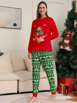 Red Green Reindeer Fair Isle Print Family Christmas Pajamas 2026