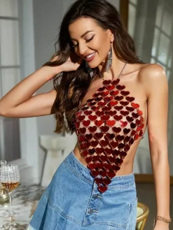 Red Heart-Shaped Acrylic Club Top For Women 2026