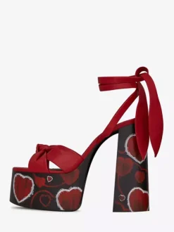 Red High Heel Sandals Platform Knotted Lace Up Chunky Heel Sandals