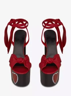 Red High Heel Sandals Platform Knotted Lace Up Chunky Heel Sandals