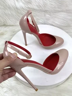 Red High Heels Metallic Round Toe Stiletto Heel Ankle Strap Pumps