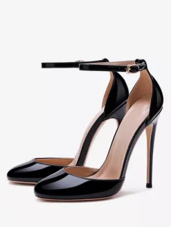 Red High Heels Metallic Round Toe Stiletto Heel Ankle Strap Pumps