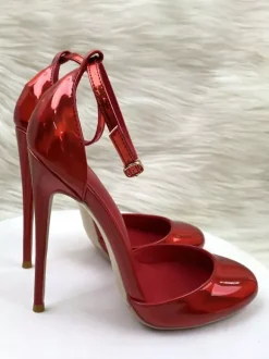 Red High Heels Metallic Round Toe Stiletto Heel Ankle Strap Pumps