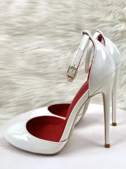 Red High Heels Metallic Round Toe Stiletto Heel Ankle Strap Pumps