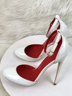Red High Heels Metallic Round Toe Stiletto Heel Ankle Strap Pumps