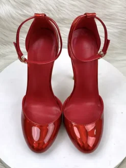 Red High Heels Metallic Round Toe Stiletto Heel Ankle Strap Pumps