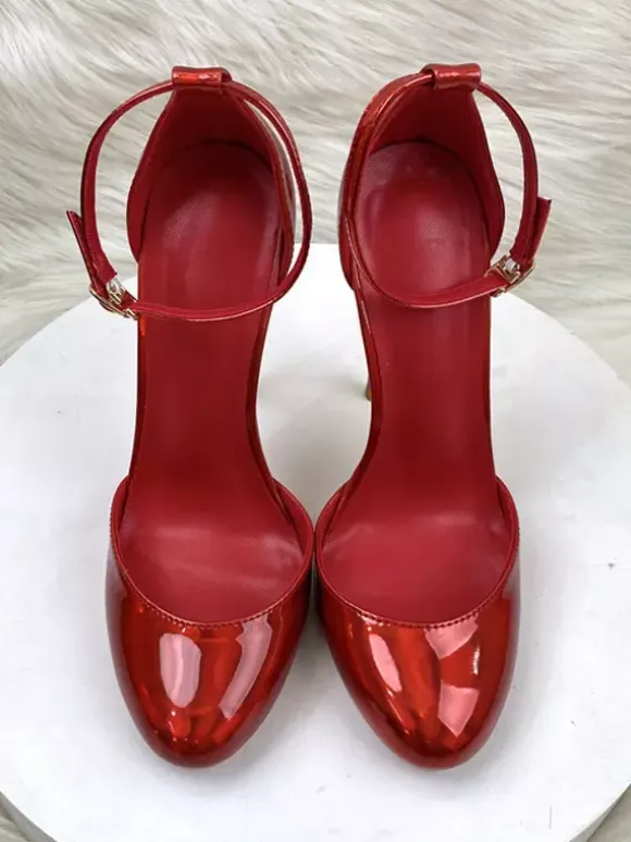 Red High Heels Metallic Round Toe Stiletto Heel Ankle Strap Pumps