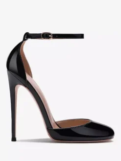 Red High Heels Metallic Round Toe Stiletto Heel Ankle Strap Pumps