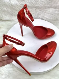 Red High Heels Metallic Round Toe Stiletto Heel Ankle Strap Pumps