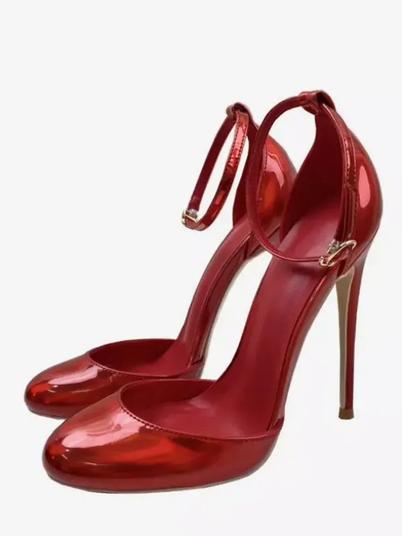 Red High Heels Metallic Round Toe Stiletto Heel Ankle Strap Pumps