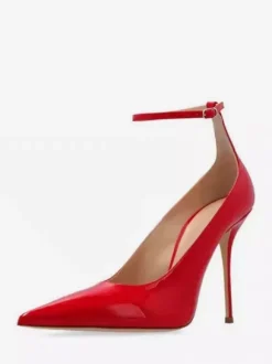 Red High Heels Pointed Toe Ankle Strap Stiletto Heel Pumps